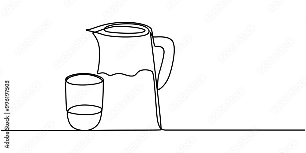 Jug and glass one line drawing on white isolated background. Vector illustration, Continuous line drawing of water jug. Line art of jug. One line drawing background. Vector illustration, Pitcher Jug and glass one line drawing on white isolated background. Vector illustration, Continuous line drawing of water jug. Line art of jug. One line drawing background. Vector illustration, Pitcher
