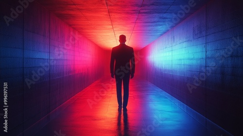 A man is walking down a long, dark tunnel with red and blue walls