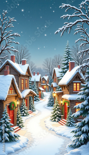 Snowy Christmas village with cozy cottages, decorated trees, and glowing lights under a starry winter night sky