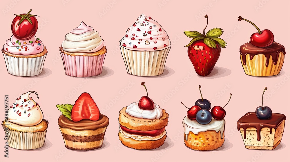 cute dessert set. Stylized cakes, ice cream and cherry isolated on light pink background. Vector fruit and bakery illustration. Dessert illustrated card in hand-drawn style cute dessert set. Stylized cakes, ice cream and cherry isolated on light pink background. Vector fruit and bakery illustration. Dessert illustrated card in hand-drawn style