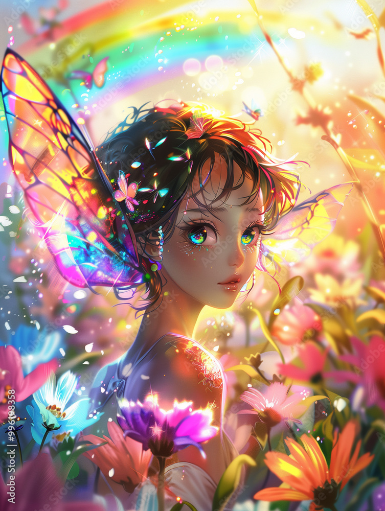  Charming fairy with shimmering wings amidst a floral paradise and vivid rainbows, casting a sparkling glow over the magical scenery,