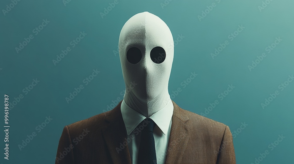 A man in a suit and tie with a mask covering his face A man in a suit and tie with a mask covering his face