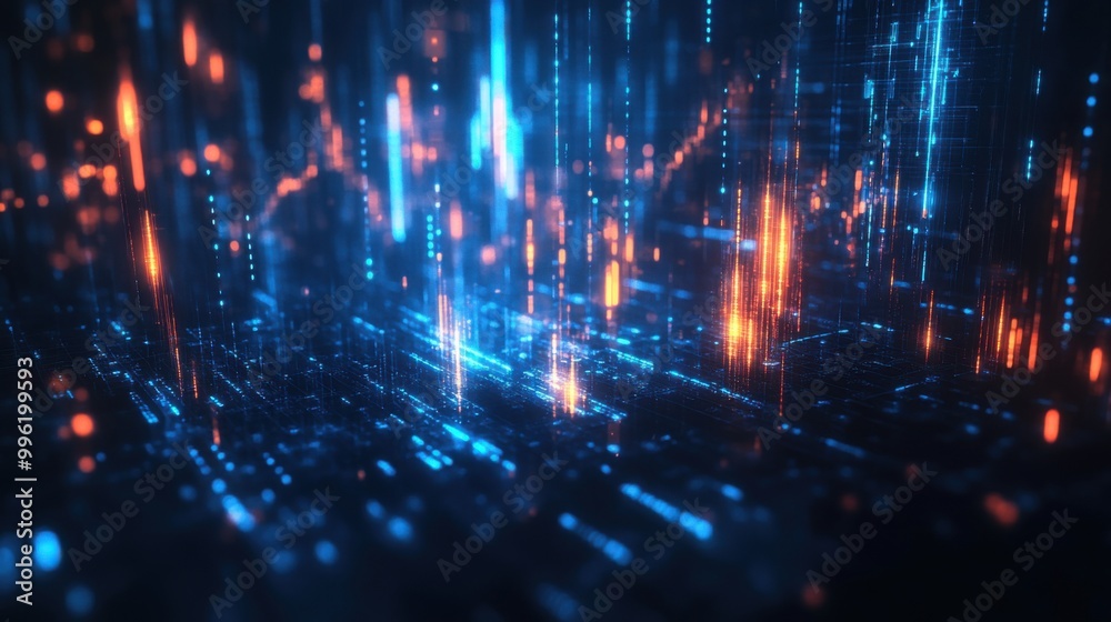 Fototapeta premium Abstract digital background with glowing lines and particles in blue and orange tones.