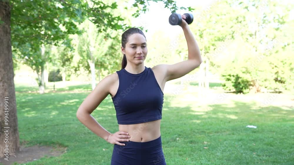 Young woman exercises with a dumbbell in a sunlit park, promoting an active and healthy lifestyle Young woman exercises with a dumbbell in a sunlit park, promoting an active and healthy lifestyle