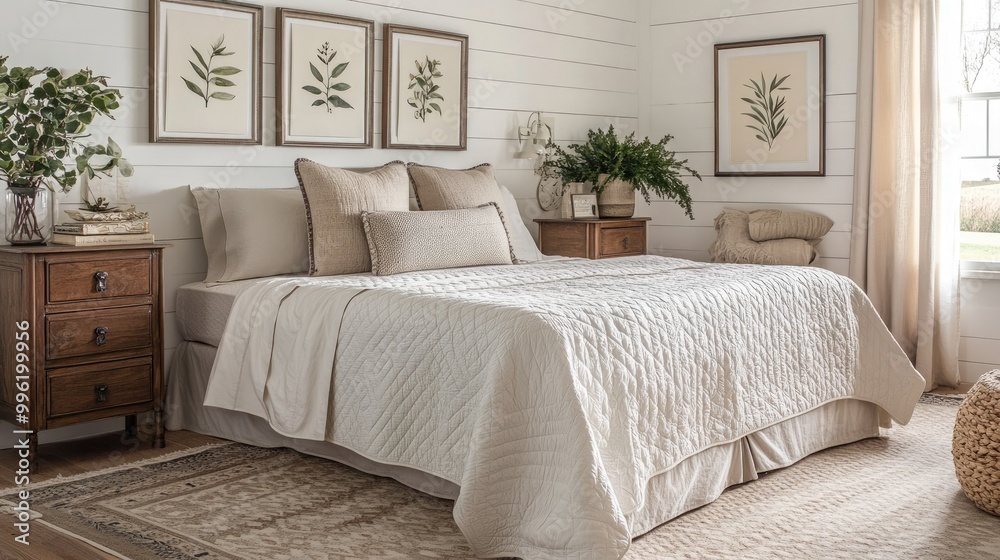 Fototapeta premium An inviting farmhouse bedroom with shiplap walls painted white