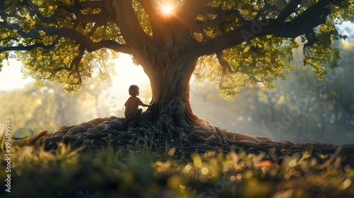 A child nestled within the ancient roots of a majestic tree finding solace and safety in nature s embrace photo