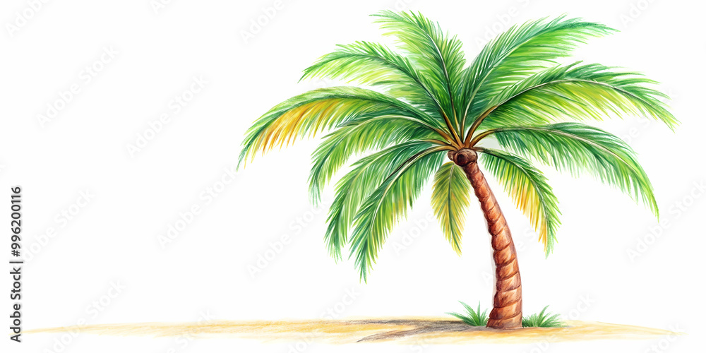 Obraz premium Palm tree clipart with tropical elements in crayon style on isolated white background, tropical, palm tree, clipart, cartoon