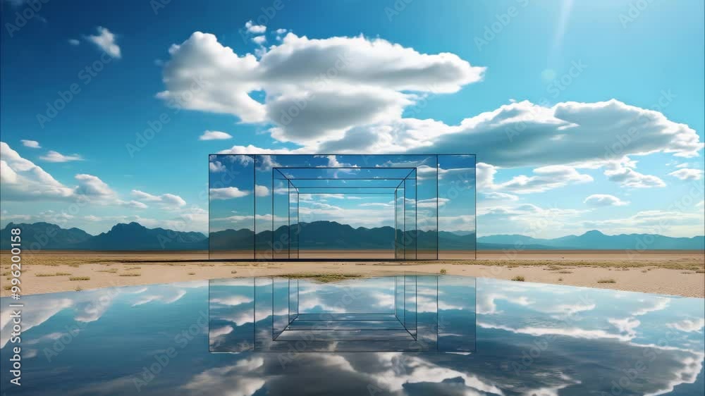 A transparent cube structure in a desert landscape, reflecting the sky and clouds in a pool of water. A transparent cube structure in a desert landscape, reflecting the sky and clouds in a pool of water.