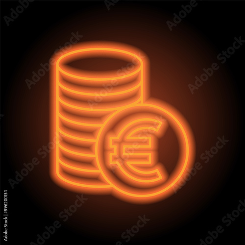 Euro coins simple icon vector. Flat design. Orange neon on black background