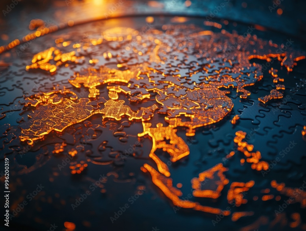 Close-up of a glowing world map, showcasing intricate geographical details with warm lighting against a dark background. Close-up of a glowing world map, showcasing intricate geographical details with warm lighting against a dark background.