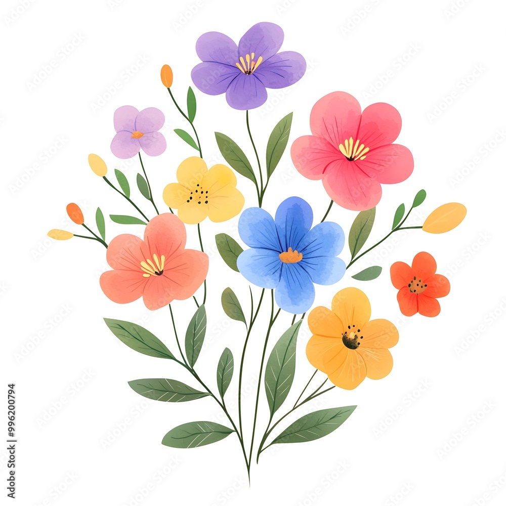 Fototapeta premium Watercolor spring flowers clipart, cute, colorful, white background, simple design, simple illustration,