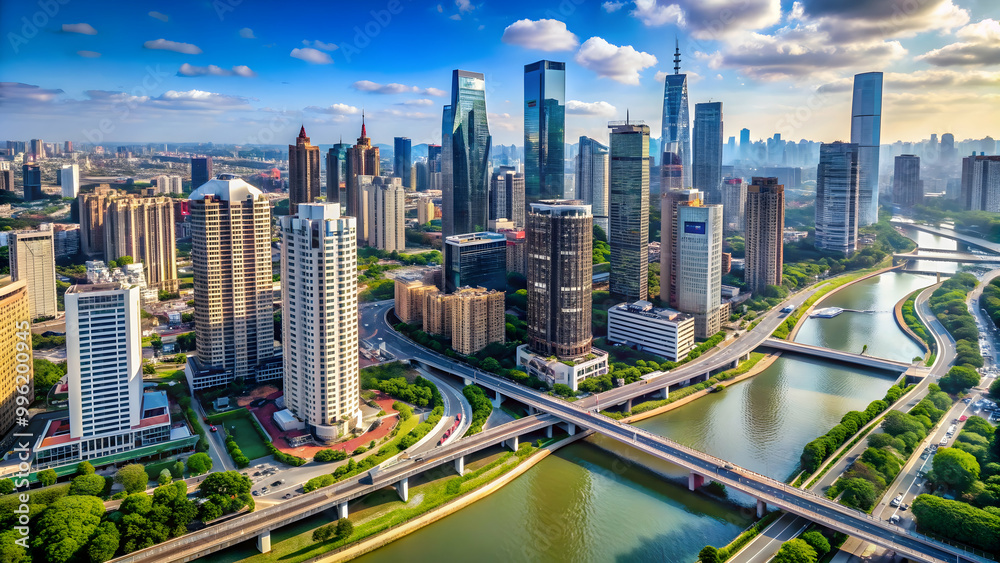 Aerial view of a modern city with skyscrapers and bridges, cityscape, urban landscape, aerial, skyline