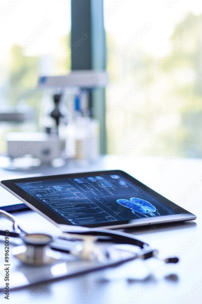 A tablet displaying medical data on a table with a stethoscope, indicating healthcare technology. A tablet displaying medical data on a table with a stethoscope, indicating healthcare technology.