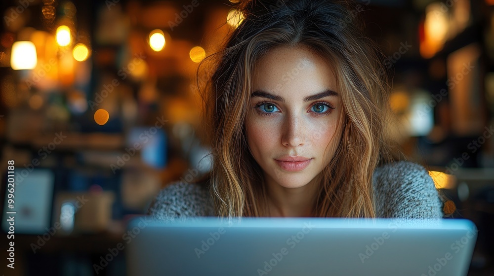 Woman working on laptop in cafe Woman working on laptop in cafe