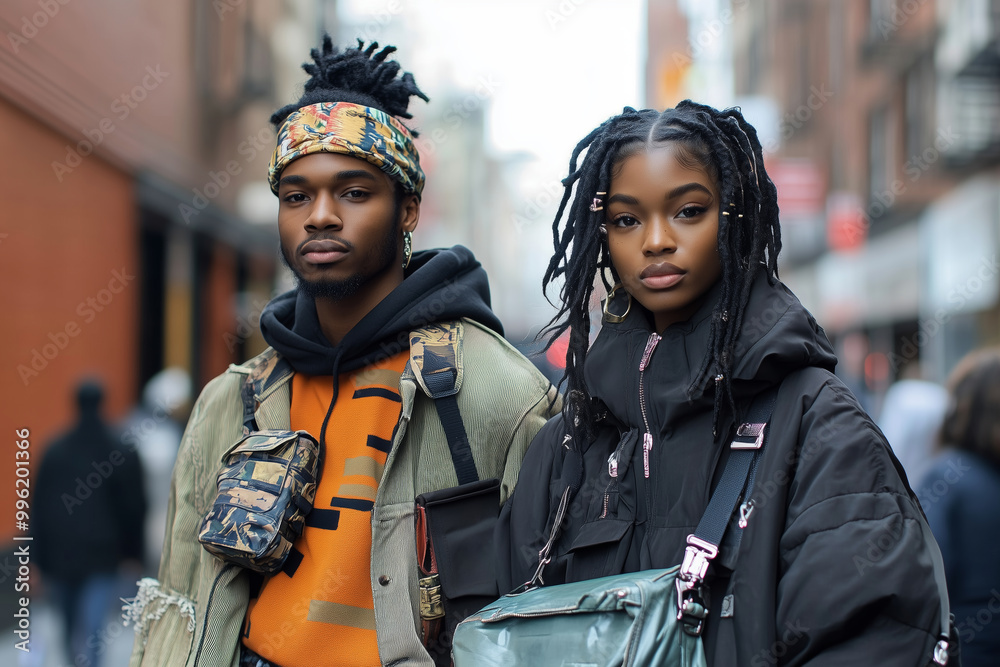Fototapeta premium Urban fashionistas showcasing bold street style in a vibrant city setting during a busy afternoon