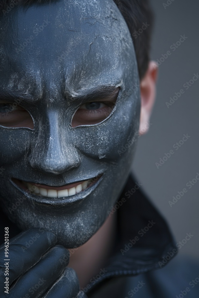 A close-up of a person wearing a dark mask, smiling menacingly, creating a mysterious vibe. A close-up of a person wearing a dark mask, smiling menacingly, creating a mysterious vibe.