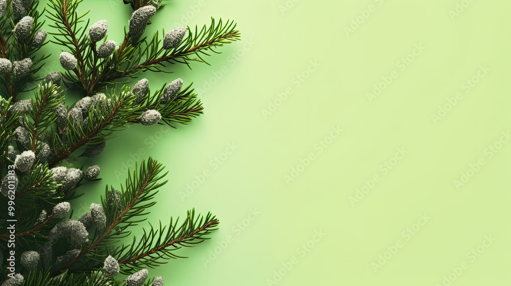 Snowy Christmas tree branches or snowy Christmas fir tree on a lime background Snowy Christmas tree branches or snowy Christmas fir tree on a lime background