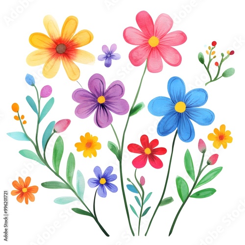 Watercolor spring flowers clipart, cute, colorful, white background, simple design, simple illustration,