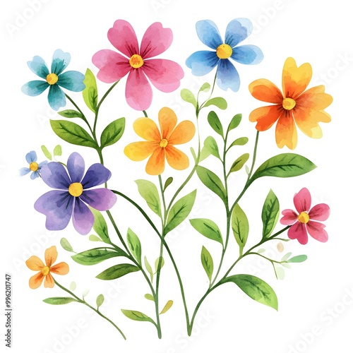 Watercolor spring flowers clipart, cute, colorful, white background, simple design, simple illustration,