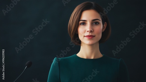 Confident woman presenting in a professional setting, showcasing leadership and poise against a dark background.