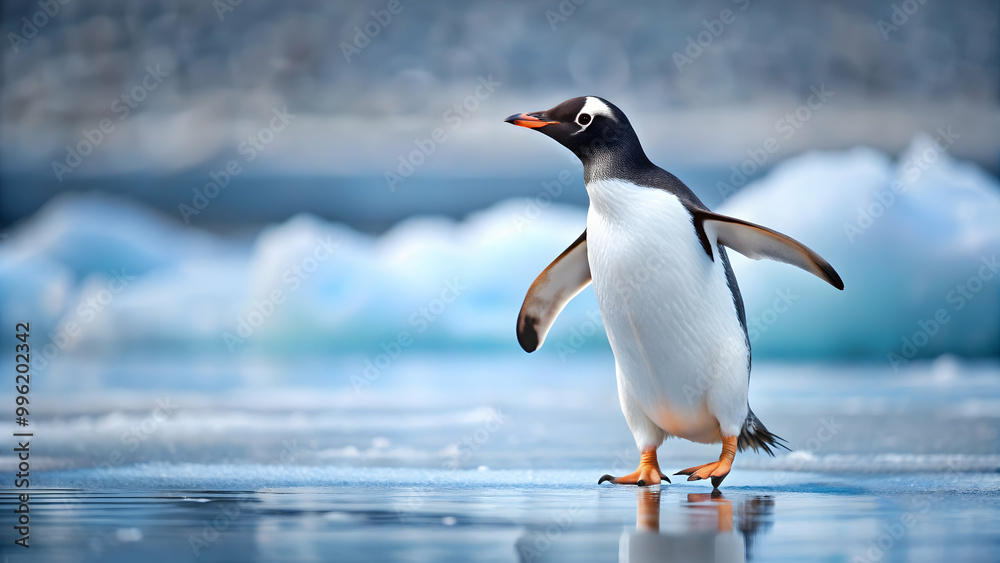 Fototapeta premium A detailed photo of an adorable penguin waddling on ice , penguin, cute, wildlife, animal, Antarctica, flightless bird