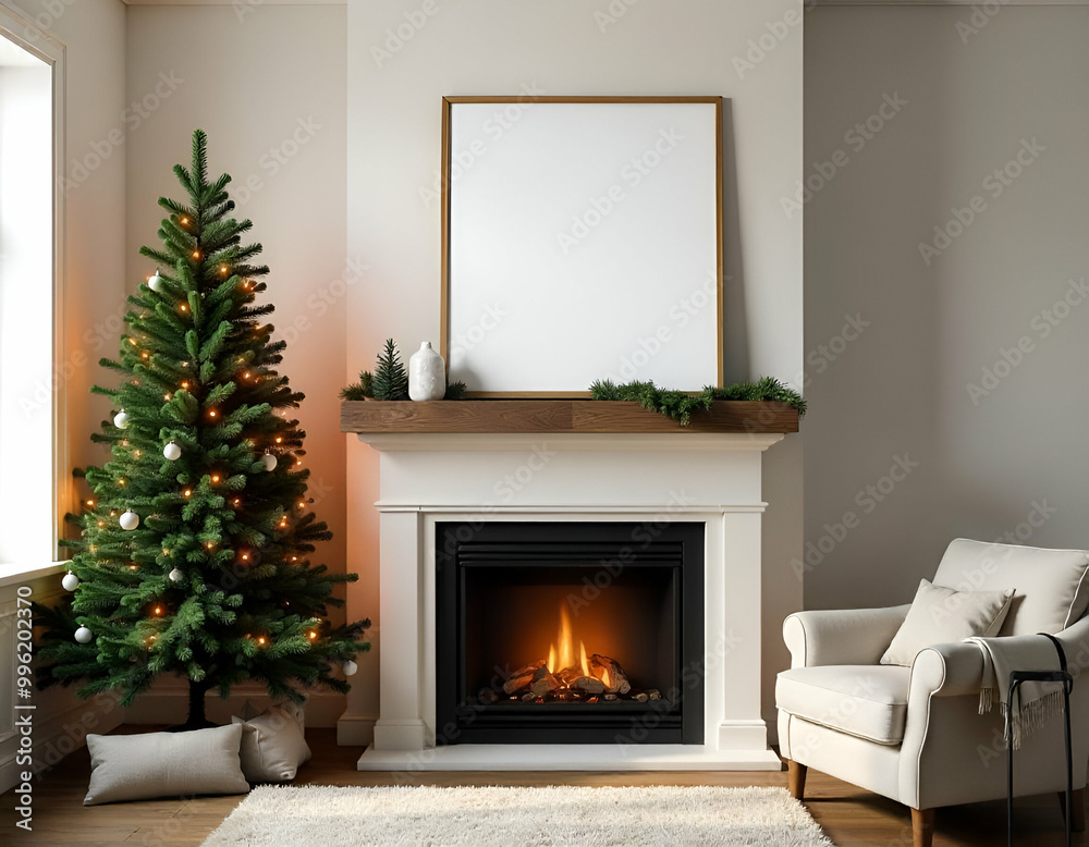 A cozy living room with a fireplace, a Christmas tree, and a blank white frame on the mantel A cozy living room with a fireplace, a Christmas tree, and a blank white frame on the mantel
