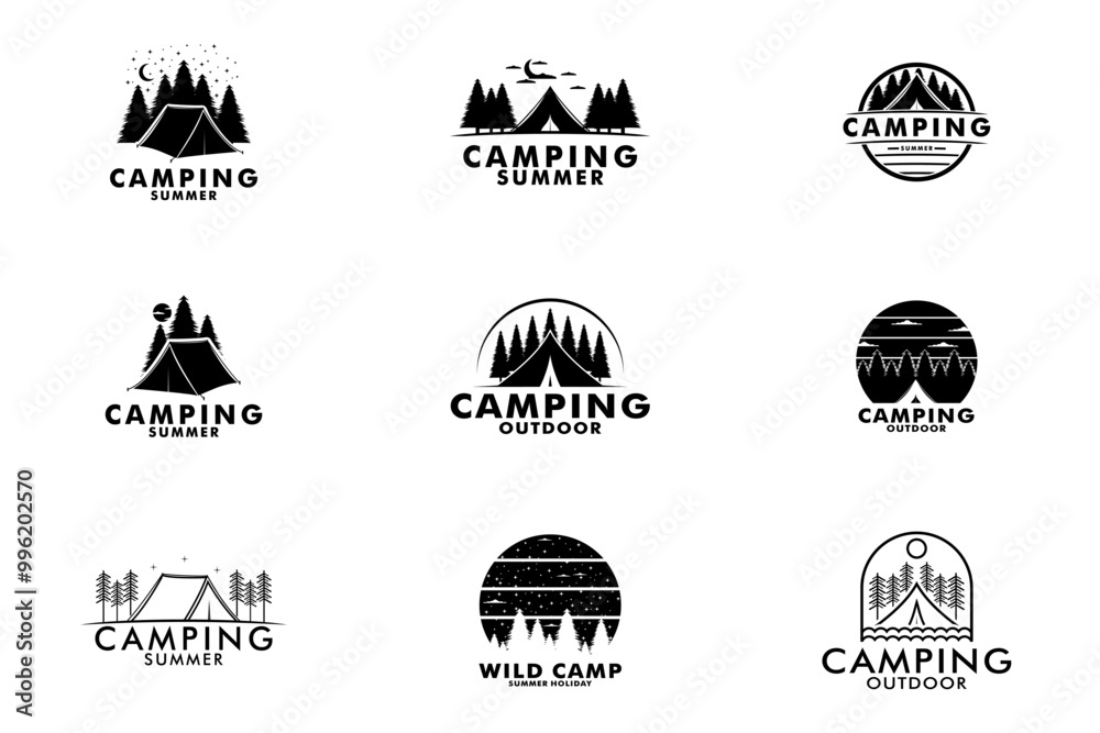 Fototapeta premium Set of camp logo design vector, Summer camp on black color, camp forest logo icon