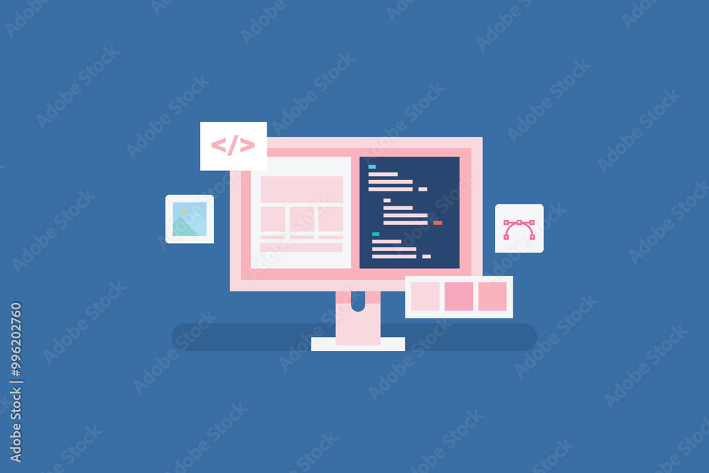 Web design service, Website programming, Coding, brand website creation, Colors palette, Content management system, Vector illustration background with icons. Web design service, Website programming, Coding, brand website creation, Colors palette, Content management system, Vector illustration background with icons.