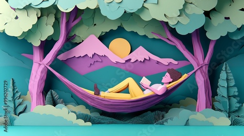 A vibrant, paper-cut scene ...