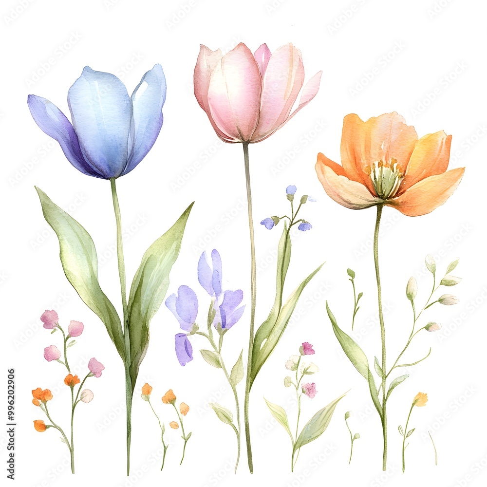Watercolor spring flowers clipart, cute, simple, and clean, 