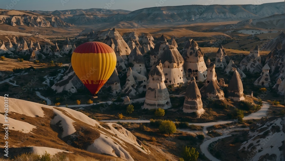Naklejka premium Captivating Morning Views of Cappadocia’s Fairy Chimneys with Vibrant Balloons