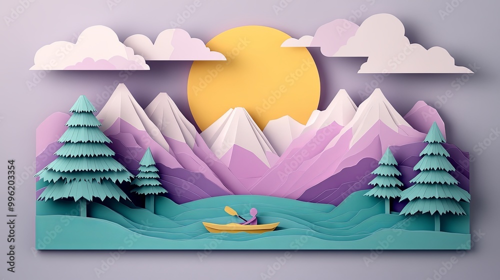 A vibrant paper cut-out scene depicting a kayaker navigating through a serene lake bordered by colorful mountains and trees under a bright yellow sun. A vibrant paper cut-out scene depicting a kayaker navigating through a serene lake bordered by colorful mountains and trees under a bright yellow sun.