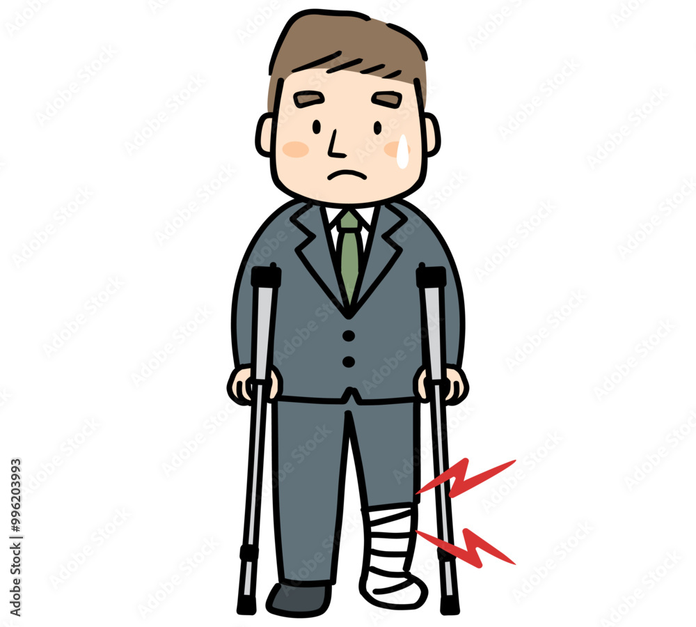 足を骨折した男性会社員のイラスト
