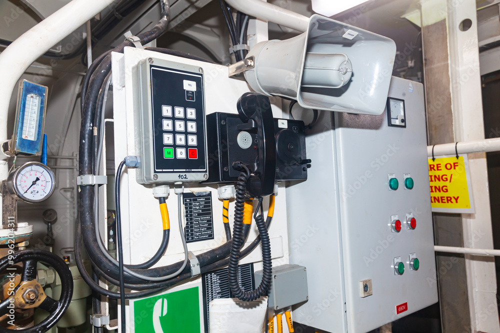 Part of the ship's engine room with a communications and alarm panel. Part of the ship's engine room with a communications and alarm panel.