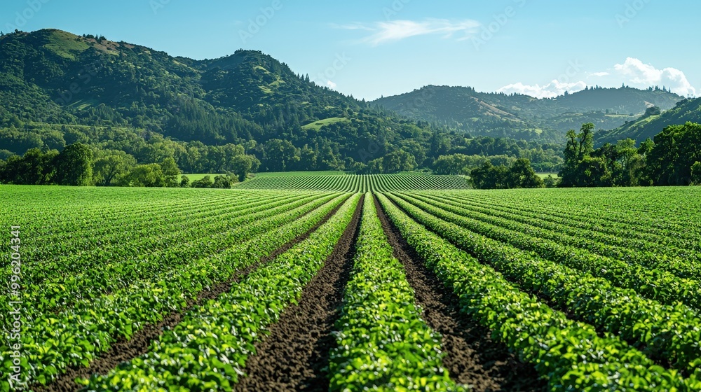 Rows of vibrant green crops fill the foreground under a bright blue sky. The rolling hills in the background complete the picturesque California landscape during late spring Rows of vibrant green crops fill the foreground under a bright blue sky. The rolling hills in the background complete the picturesque California landscape during late spring