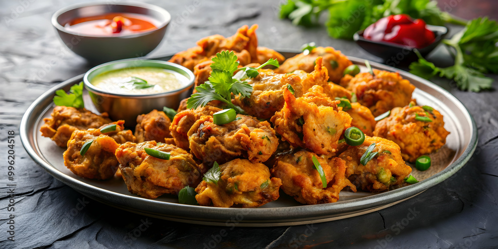 Fototapeta premium Delicious assortment of freshly made pakoras served on a platter , pakora, Pakistani, comfort food, deep fried, crispy