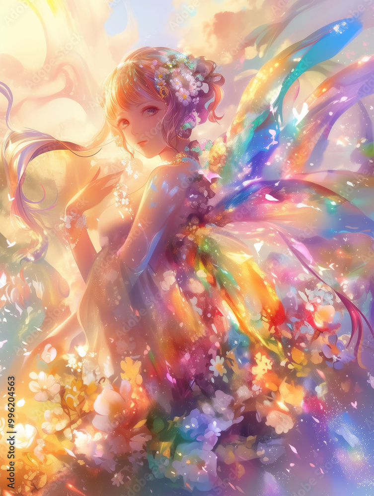 Obraz premium Charming fairy with shimmering wings amidst a floral paradise and vivid rainbows, casting a sparkling glow over the magical scenery,