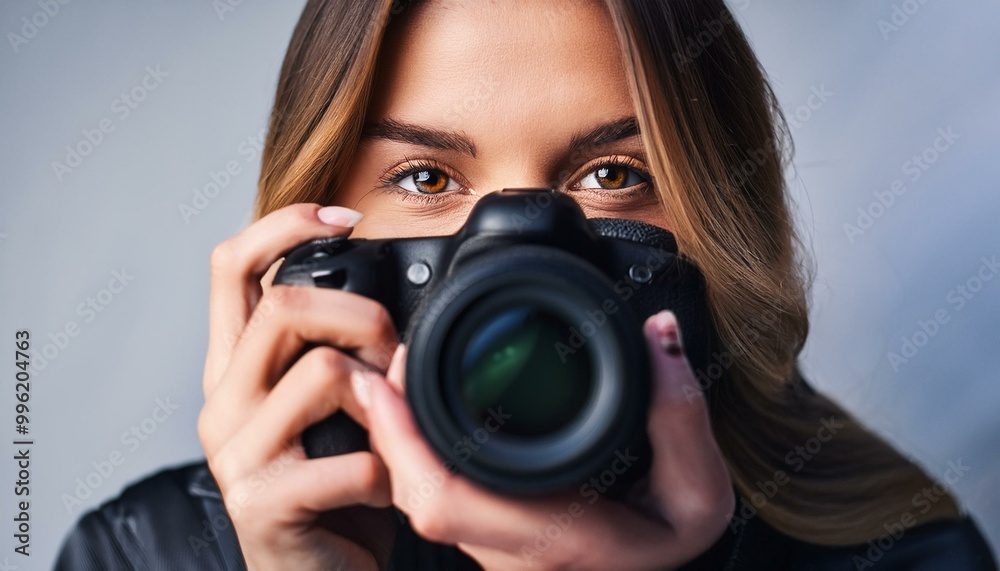 A photographer looking at the camera while holding a camera; the moment when a photographer is about to take a shot after framing the composition; portrait photography; the eyes of a photographer A photographer looking at the camera while holding a camera; the moment when a photographer is about to take a shot after framing the composition; portrait photography; the eyes of a photographer