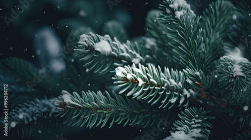 Snowy Christmas tree branches or snowy Christmas fir tree on a dark green background