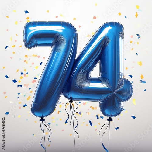 Blue birthday / anniversary balloon, number 74, white background with confetti