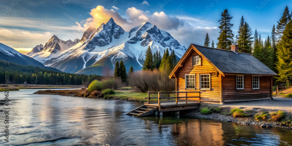 Fototapeta premium Wooden cabin nestled by riverside with snow-capped mountain peak in background , cabin, wooden, riverside, snow peak, mountain