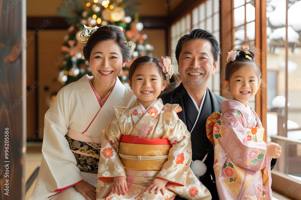 A Joyful Japanese Family Dressed in Traditional Attire Celebrating Together Indoors A Joyful Japanese Family Dressed in Traditional Attire Celebrating Together Indoors