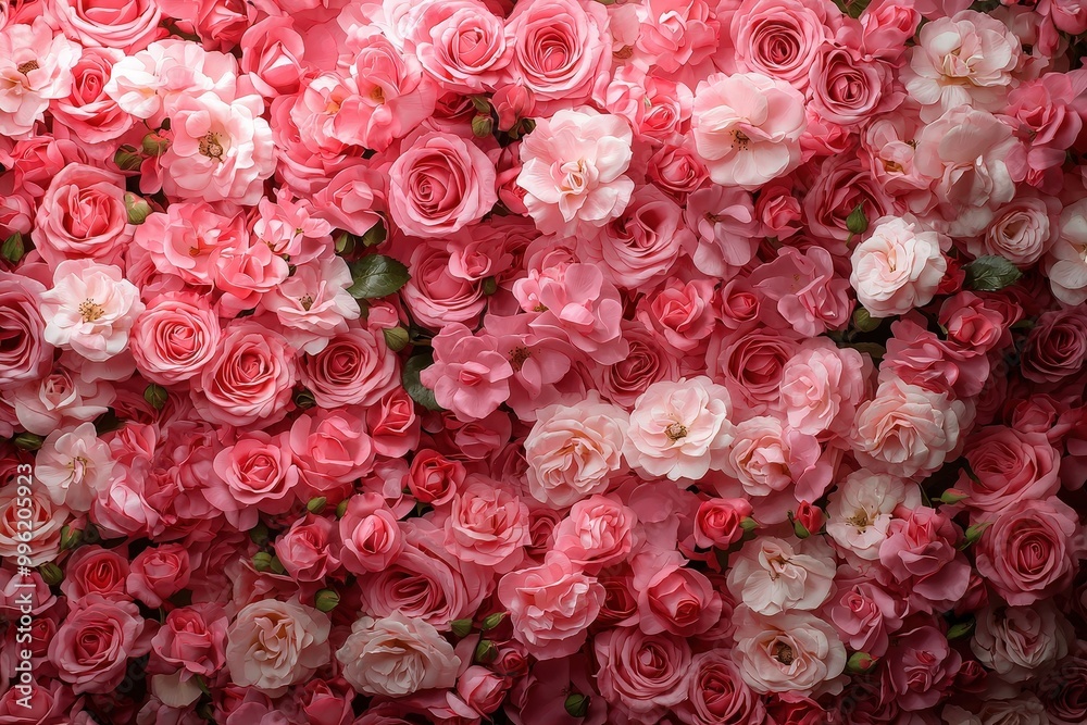 Naklejka premium An abundance of pink and white roses fills the backdrop, offering a stunning display perfect for weddings or special events, creating an atmosphere of elegance and romance