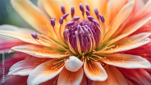 Close-up of a vibrant, multi-colored dahlia flower with soft, pastel tones and delicate pollen.