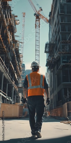 Photo of a construction worker wearing an orange vest and helmet, walking towards the camera
