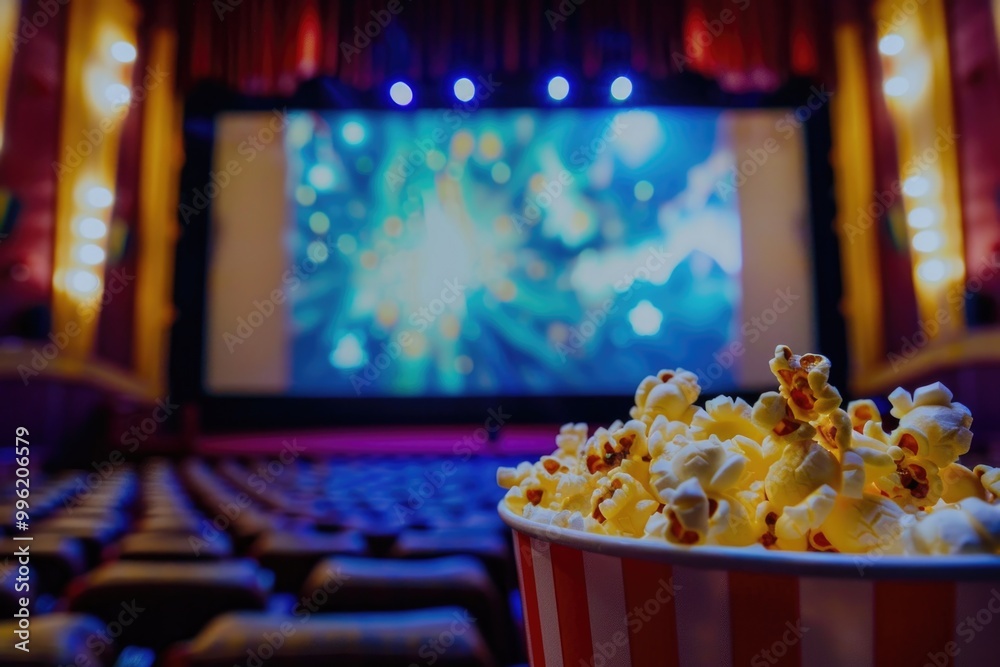 Close-up of a bowl of popcorn with a screen in the background. Cozy evening watching a movie or TV series. Close-up of a bowl of popcorn with a screen in the background. Cozy evening watching a movie or TV series.