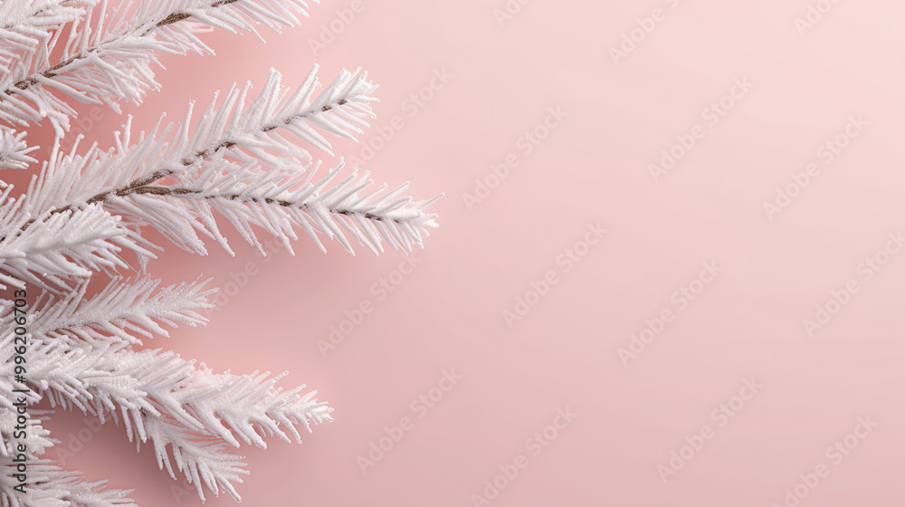Snowy Christmas tree branches or snowy Christmas fir tree on a light pink background Snowy Christmas tree branches or snowy Christmas fir tree on a light pink background