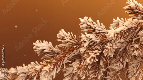 Snowy Christmas tree branches or snowy Christmas fir tree on a vivid brown background