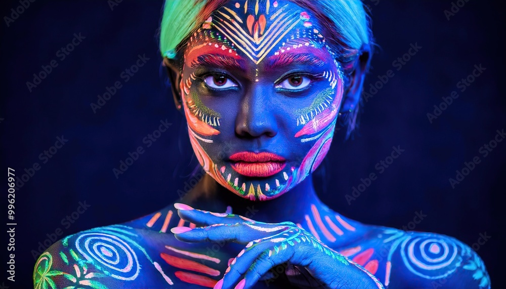 Portrait of woman with ethnic pattern, neon makeup in ultraviolet light. Body Art design of female posing in UV, painted face and hand, colourful make up Portrait of woman with ethnic pattern, neon makeup in ultraviolet light. Body Art design of female posing in UV, painted face and hand, colourful make up