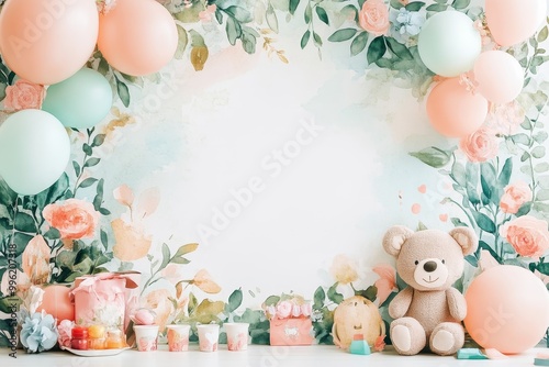 Pastel Floral Baby Shower Decor with Teddy Bear